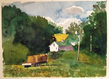 Watercolor of Barn and Hay Truck in Québec
