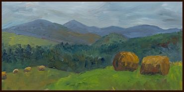 Landscape Oil Painting of Hay Bales and Mont Glen, Quebec