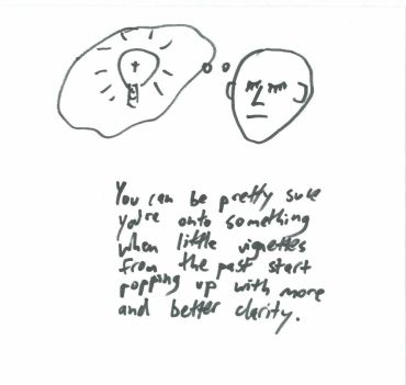 Sketch of a person thinking about a lightbulb with handwritten text.