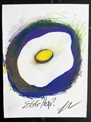 Abstract egg drawing with 'EGG HEAD?' text.