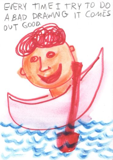 Colorful childlike drawing of a happy person in a boat.