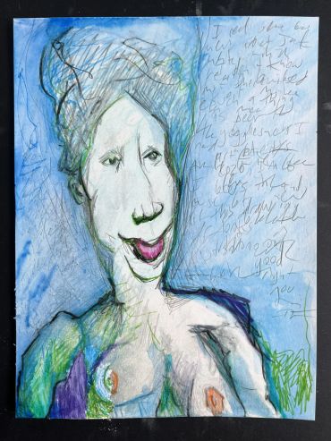 Abstract sketch of a smiling figure with blue and green hues.