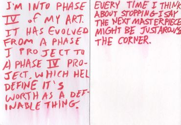 Handwritten text about artistic phase and upcoming masterpiece.