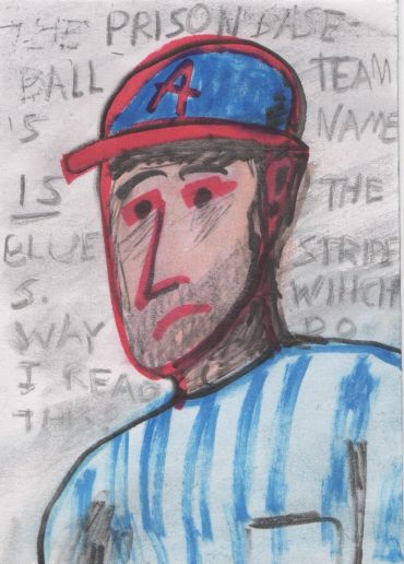 A sketch of a man in a blue and red cap with text in the background.