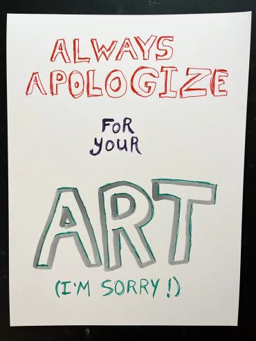 Handwritten note encouraging apology for art.