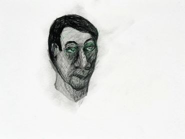 Abstract portrait of a man with dark features.