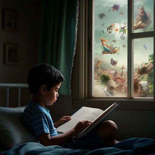 A boy reads a book as fantastical creatures appear outside his window.