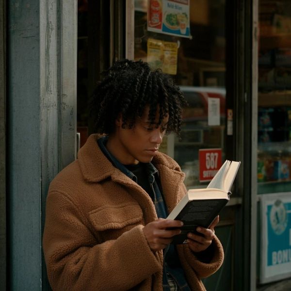 A young man reading a book outside a store wearing a brown coat.