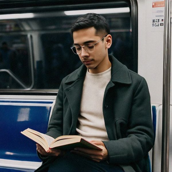 Young man reading a book on a subway train seat.