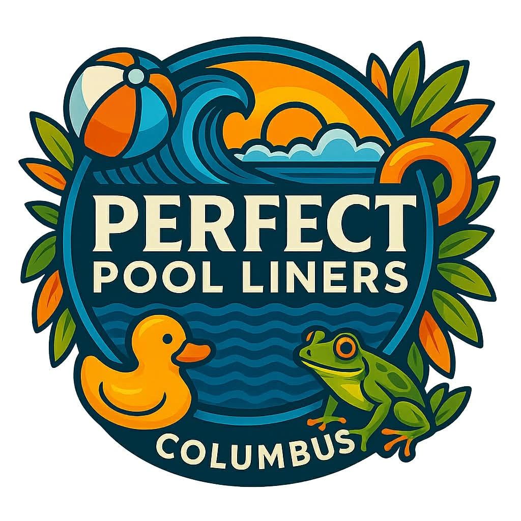 Colorful logo for Perfect Pool Liners featuring a duck, frog, and beach elements.