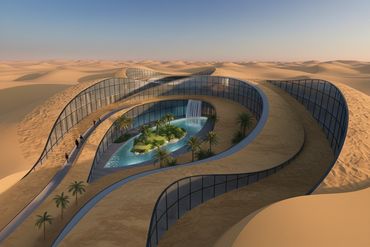 Futuristic desert building with a lush indoor garden and waterfall.