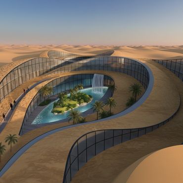 Futuristic desert building with a central oasis and waterfall.