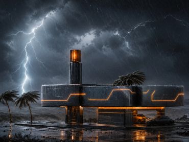 Modern house illuminated by orange lights during a storm with lightning and rain.