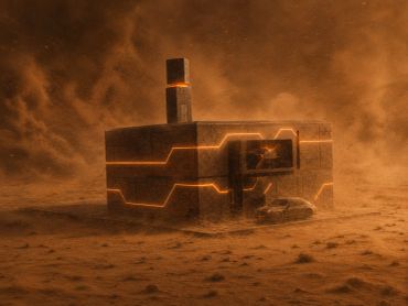 A futuristic, glowing building in a dusty, orange-hued environment.