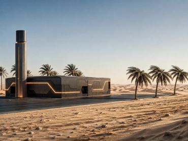 A modern building with palm trees in a desert landscape at sunset.