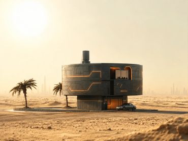 Futuristic circular building in a desert with palm trees and a car nearby.
