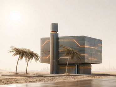 Futuristic building with illuminated lines in a desert landscape under soft sunlight.