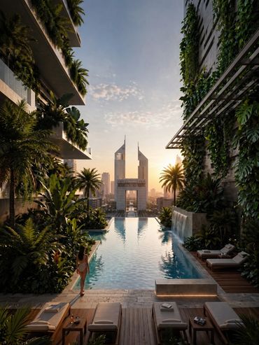 A serene rooftop pool surrounded by lush greenery and city skyline at sunset.