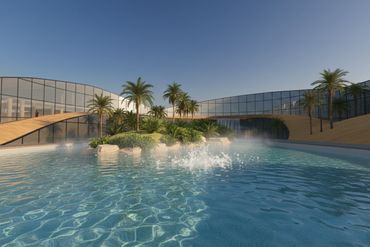 Modern architectural pool with palm trees and a clear sky.