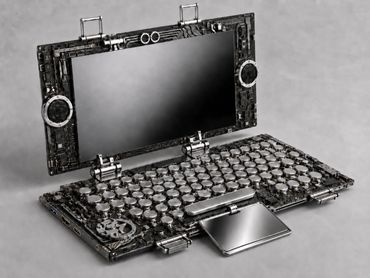 A steampunk-style laptop with round keys and intricate mechanical details.