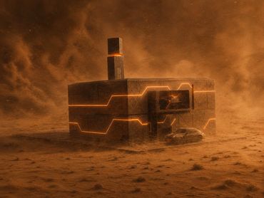 Futuristic block-like structure glowing with orange lines on a dusty, alien landscape.
