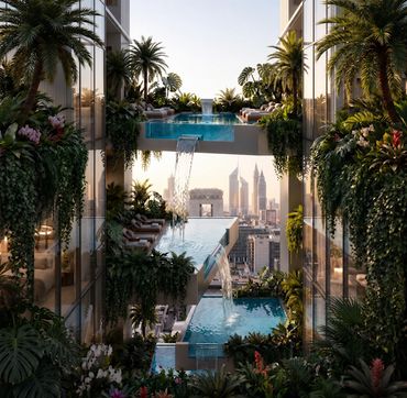 Modern apartment with cascading pools and lush greenery between buildings.