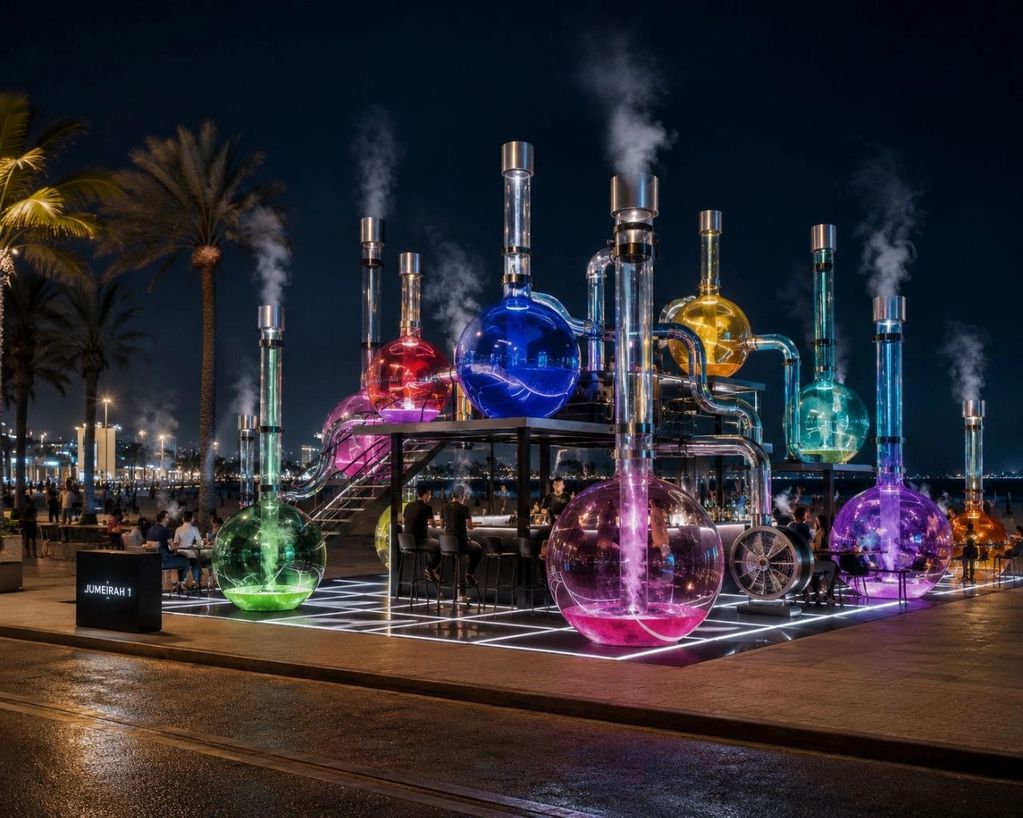 Colorful illuminated glass structures with steam at night in a social setting.