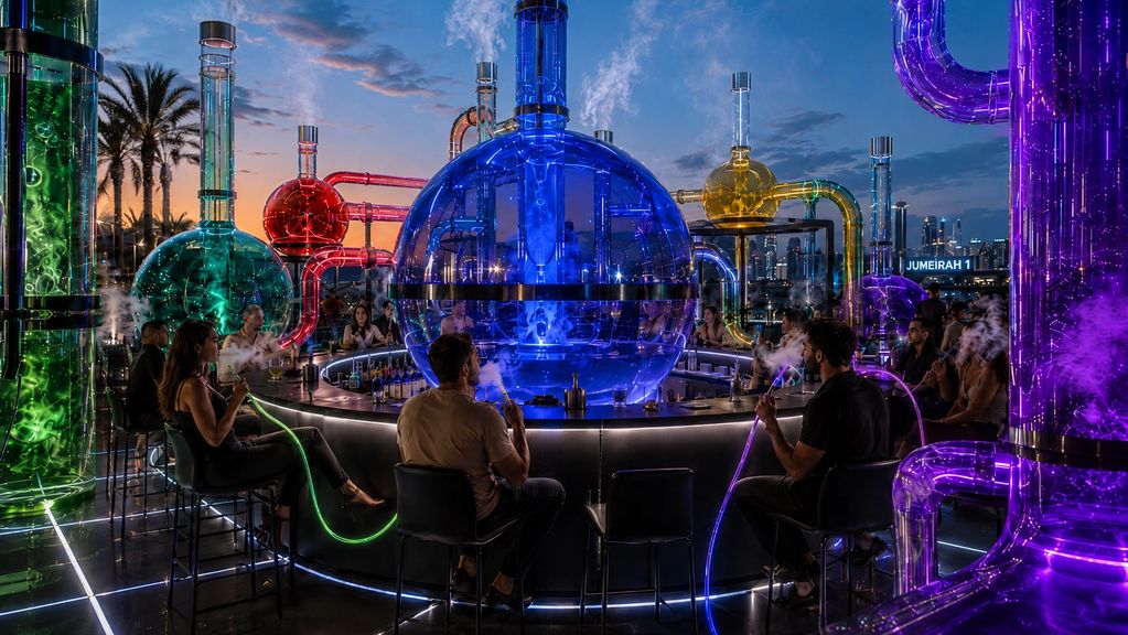 People enjoy hookah around colorful, illuminated glass pipes at a rooftop bar during sunset.
