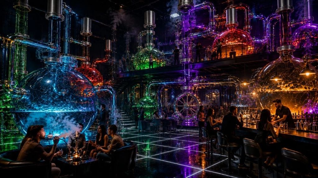 A futuristic bar with colorful illuminated pipes and glass containers filled with glowing liquids.