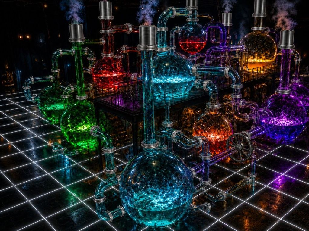 A colorful, glowing network of interconnected glass tubes and spheres emitting steam.