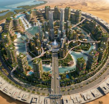 Futuristic circular city with lush greenery and waterways in desert surroundings.