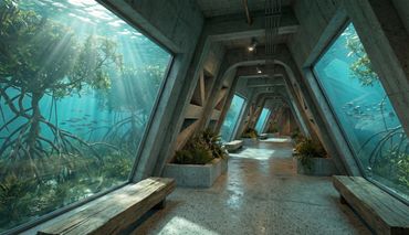 Underwater hallway with large windows showing marine life and mangroves.