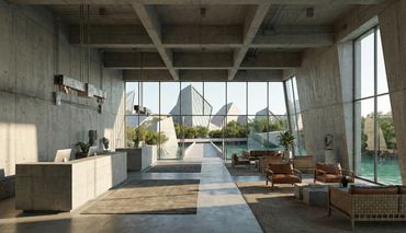 Modern concrete lobby with large glass windows overlooking a water feature and geometric architecture.