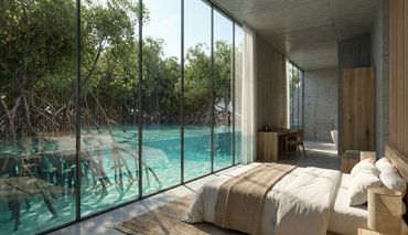 Modern bedroom with floor-to-ceiling windows overlooking a serene mangrove pool.
