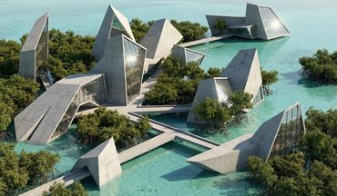 Futuristic concrete buildings amidst water and mangrove trees.