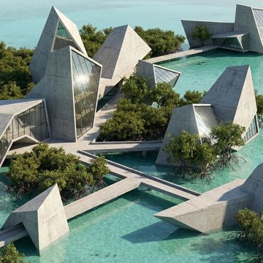 Futuristic concrete buildings surrounded by water and greenery.