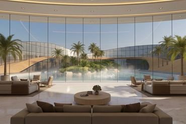Luxurious living room with panoramic glass view of a tropical pool and palm trees.