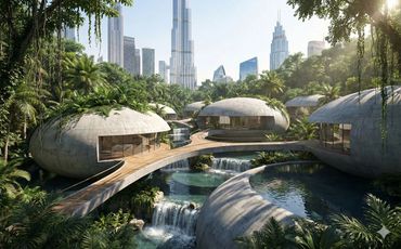 Futuristic dome homes surrounded by lush greenery and waterfalls in a city.