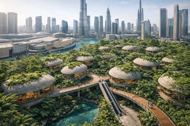 Eco-friendly circular buildings with green roofs in a lush urban park near a modern city skyline.