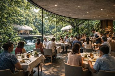 People dining in a scenic restaurant with large glass windows overlooking a lush forest and water feature.