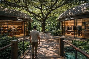 Man walking on a wooden bridge between luxury storefronts surrounded by lush greenery.