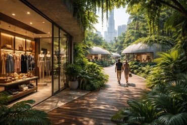 Couple walking on wooden path surrounded by lush greenery and shops in a modern urban park.