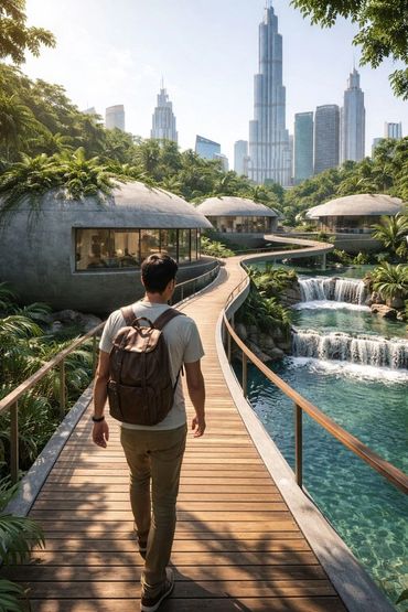 A man walks on a wooden path surrounded by water, greenery, and futuristic dome houses with a city skyline.