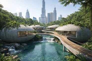 Modern pod houses by a clear water pool with a city skyline in the background.