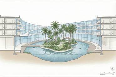 Architectural drawing of a building with a central island and surrounding lake.