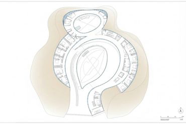 Architectural floor plan of a uniquely shaped building with curved walls.