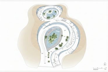 Architectural floor plan of a curvilinear building with central water features and greenery.