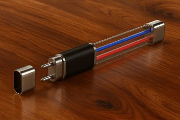 A unique pen with red and blue ink tubes and a metallic cap, lying on a wooden surface.