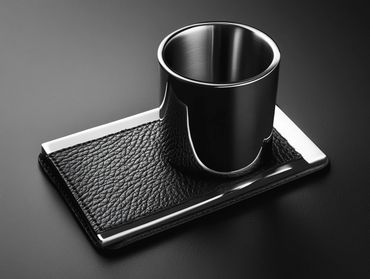 Stylish black leather and metal cup holder on a sleek surface.