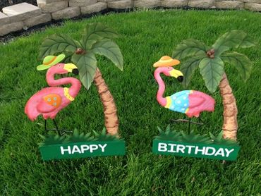Birthday yard cards - metal flamingo signs